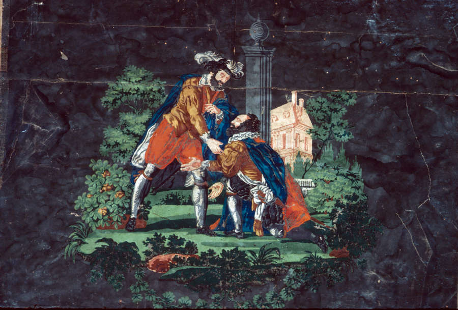 Scene depicting two men dressed in armor and finery within a garden and a distant estate. One man is kneeling before the other, who is helping him to his feet.