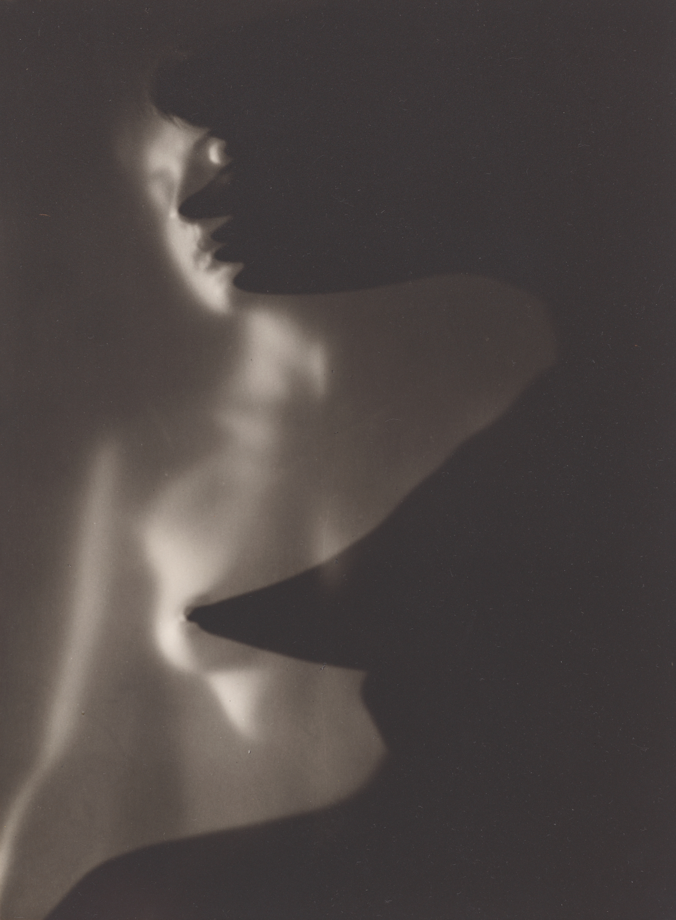 A dreamy black-and-white photograph of a nude female figure, softly lit from the left side, overlapped from the right side with an extended shadow of her profile, breast, and torso. 