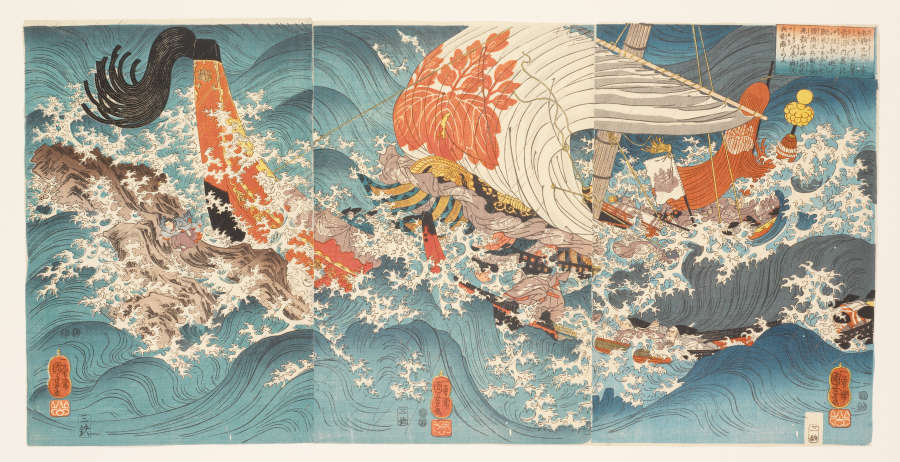 A vibrant three-panel Japanese woodblock print featuring a dynamic scene of a red and white boat breaking through turbulent waters. Calligraphic script and red adornments are present along the margins.