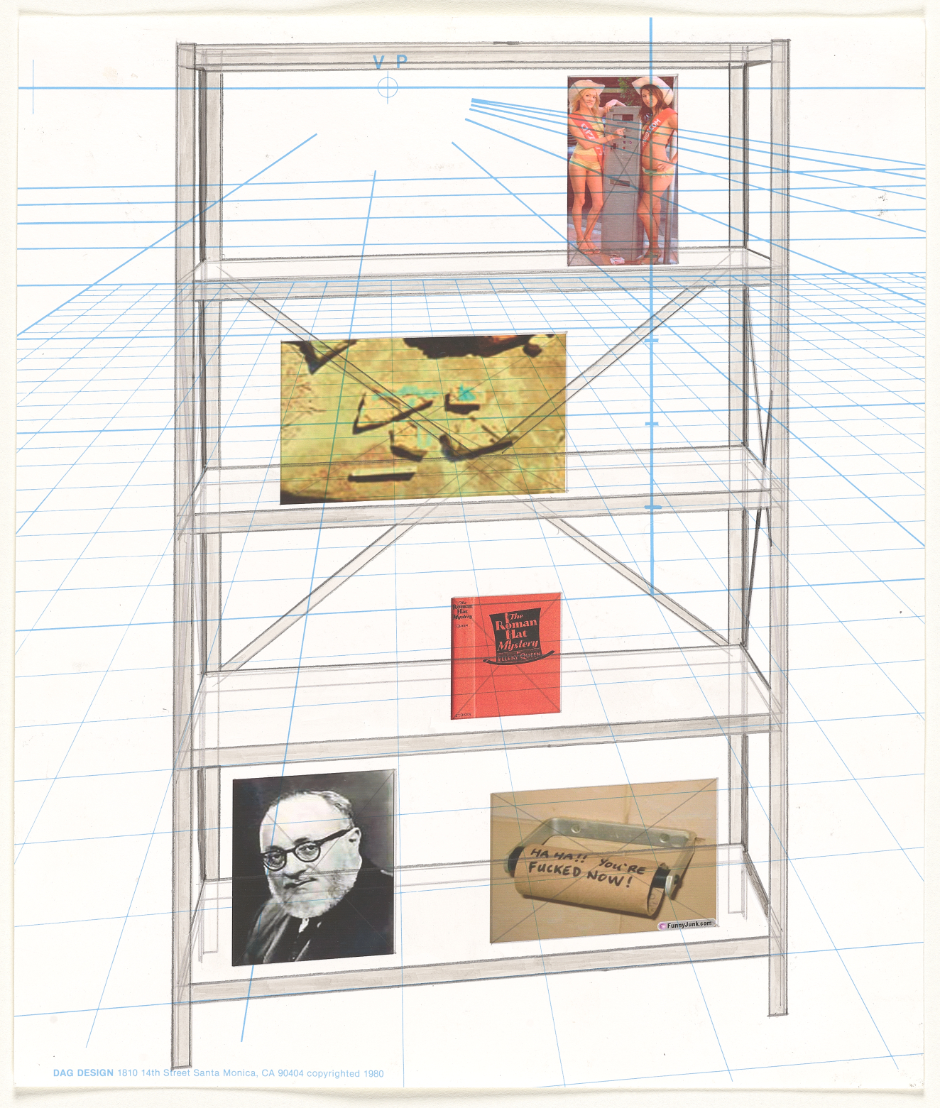 A wireframe bookshelf in a blue grid perspective background, containing eclectic  images including two scantily clad women, rocks, red book cover, bearded man’s headshot, and a toilet paper roll.