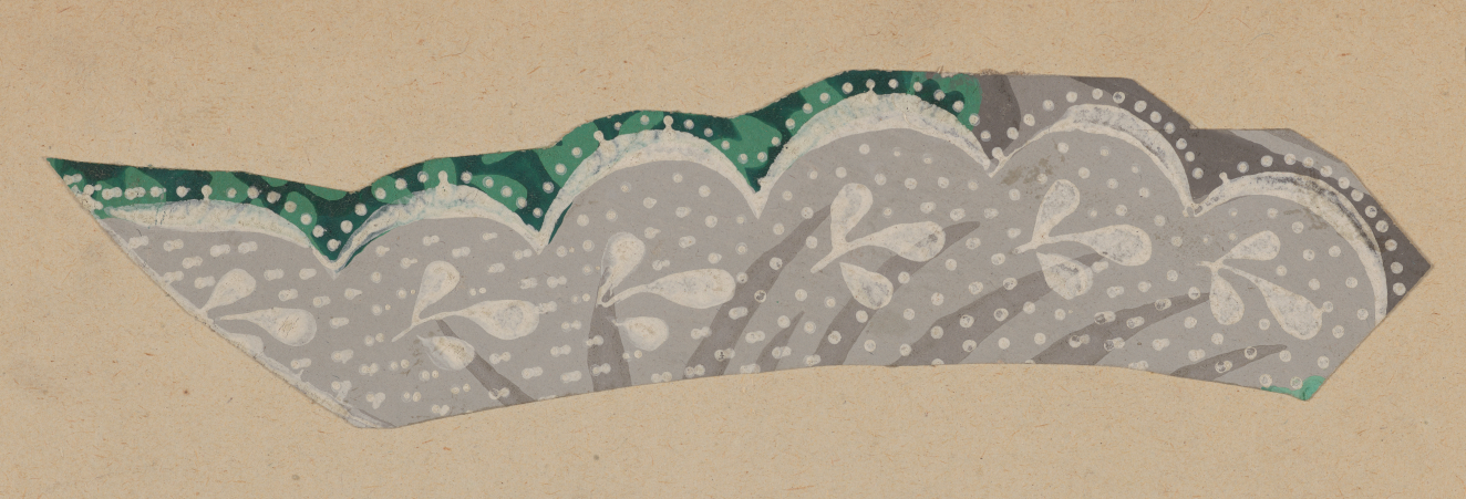 Decorative curved scalloped design on a neutral backdrop in silver and white edged with green with dots, floral details, and folds imitating fabric.