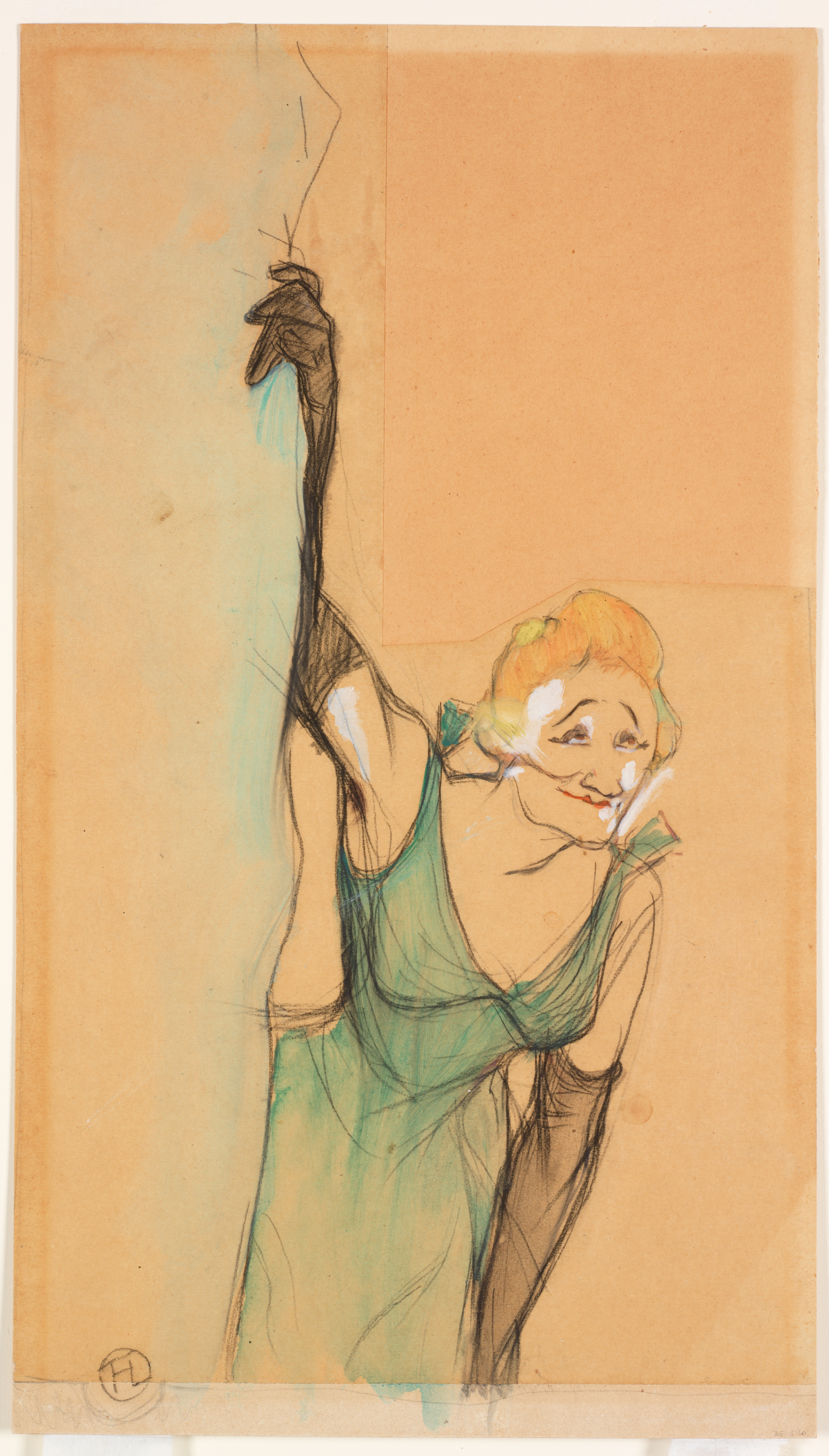 A woman in a green dress and long black gloves holding a curtain aside and looking out with a playful expression. 