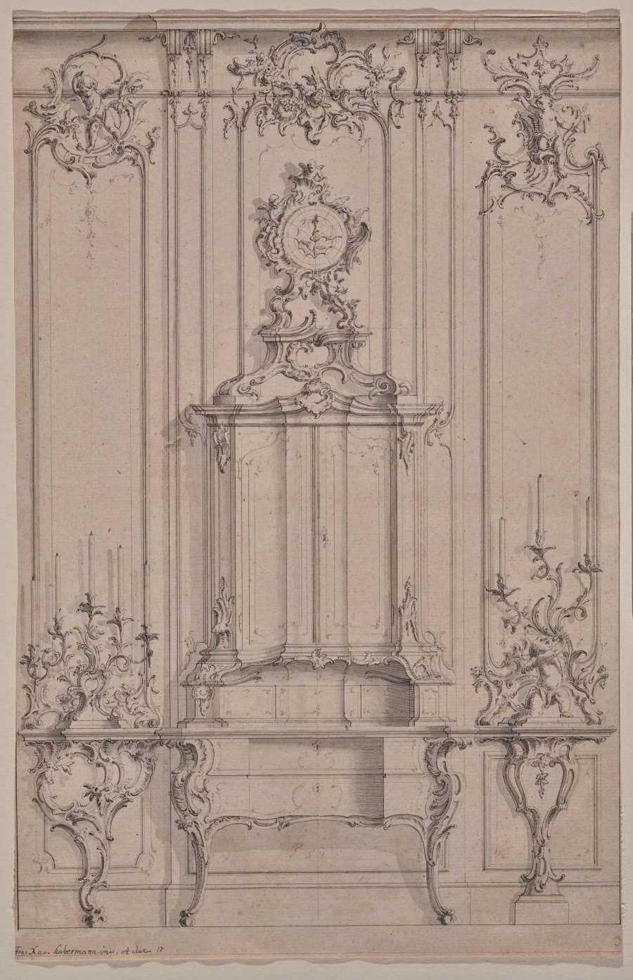A pen and ink design plan for a Rococo interior corner containing a clock, bureau, table, and elaborate candelabra.