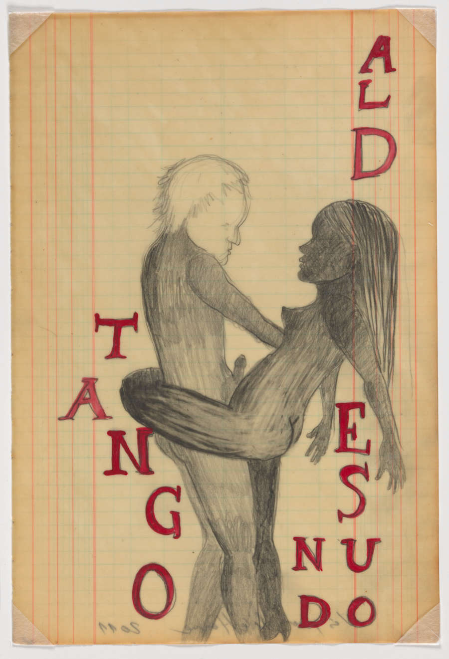 Graphite drawing of two figures facing each other. The female-presenting one has their face shaded in and their leg wrapped around the male-presenting one, whose face is unshaded. Red text falls vertically and reads: “TANGO AL DESNUDO.”