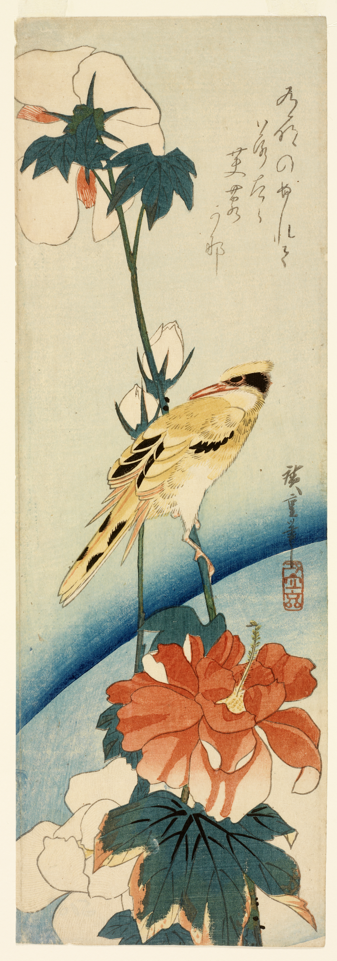 A golden bird perched on a tall green foliage featuring bold red and white flowers with dark leaves above a curved blue horizon line.