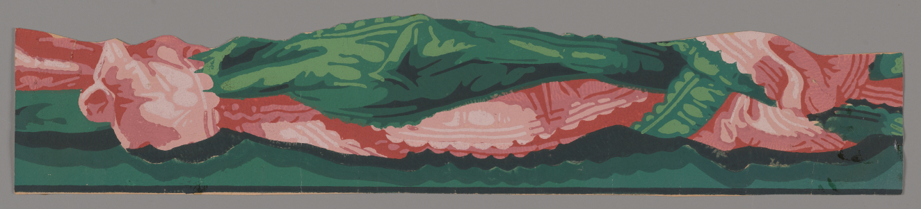 Border depicting green and pink bunched fabric set against a gray background and dark green base.