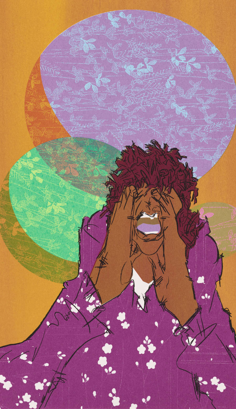 Print of a screaming brown figure with their head in their hands. The figure, wearing a floral purple dress, sits against a yellow background with three floral-patterned circles behind her. 