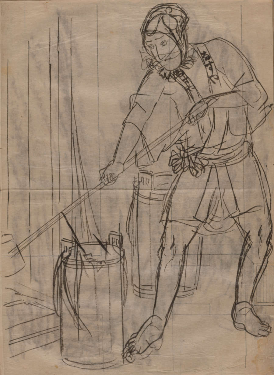 Sketch of figure in traditional dress uncovering a sword, poised with determination. Figure is placed in a loose, vague depiction of a storage space with barrels to his sides.