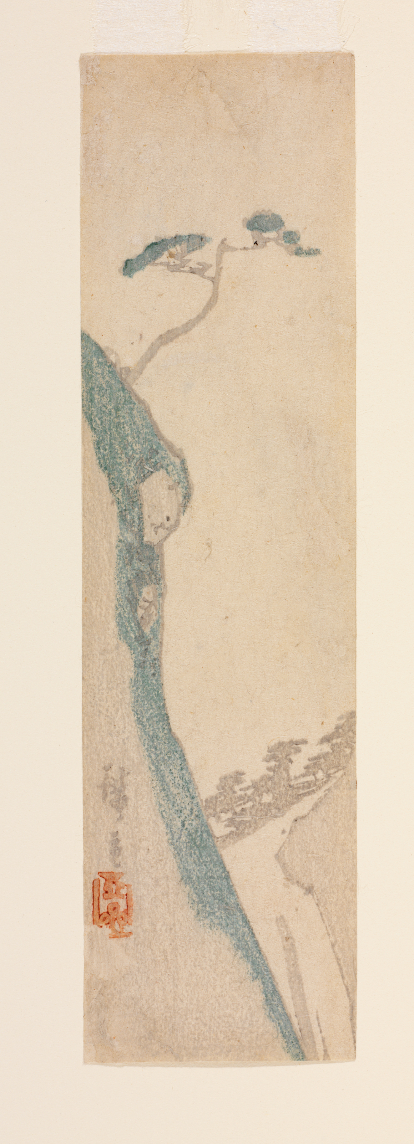 A steep cliff illustrated with soft green shading, atop which a thin tree leans off the edge.