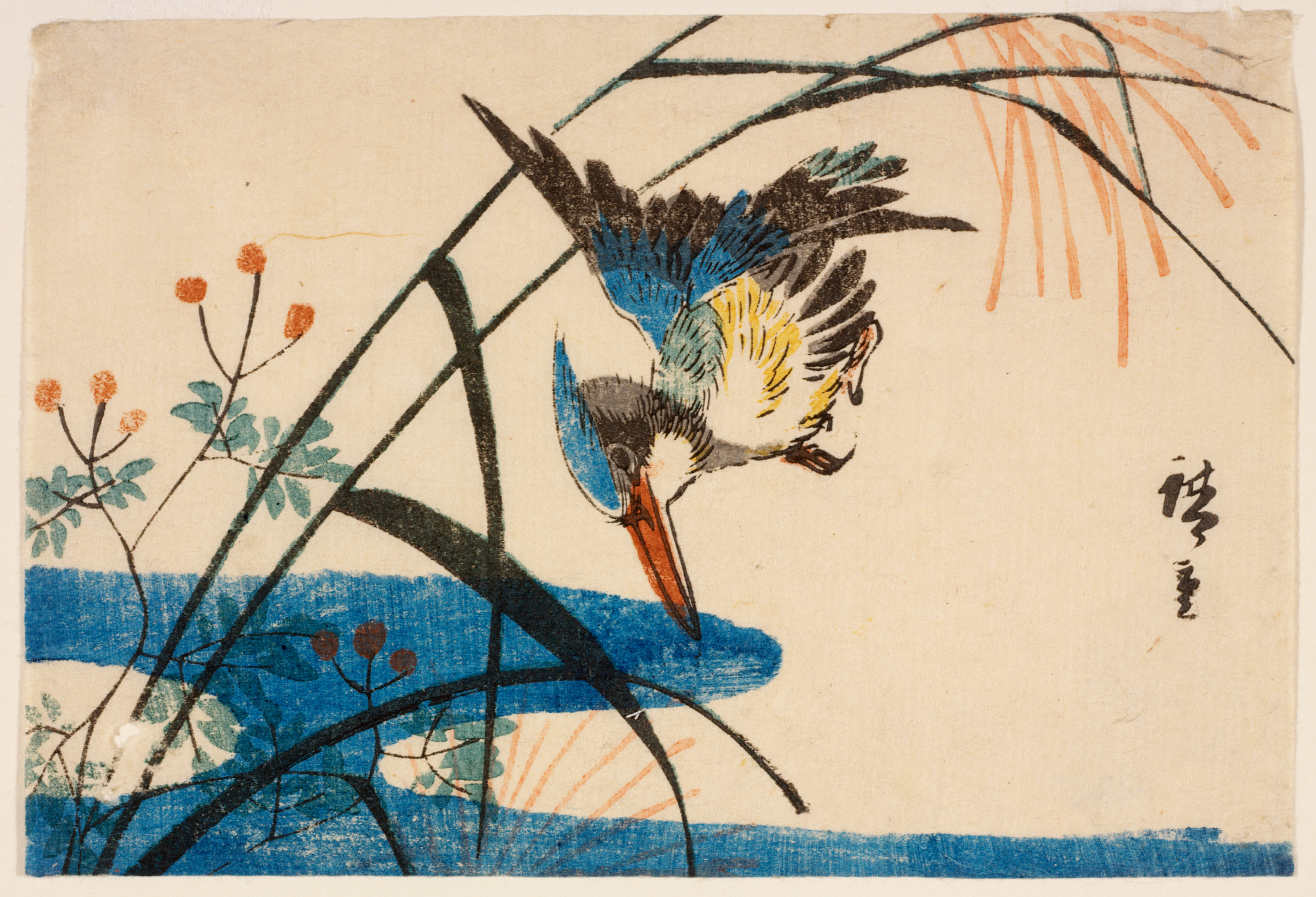 Woodblock print of a kingfisher diving toward blue water, framed by arching reeds and small flowering plants.