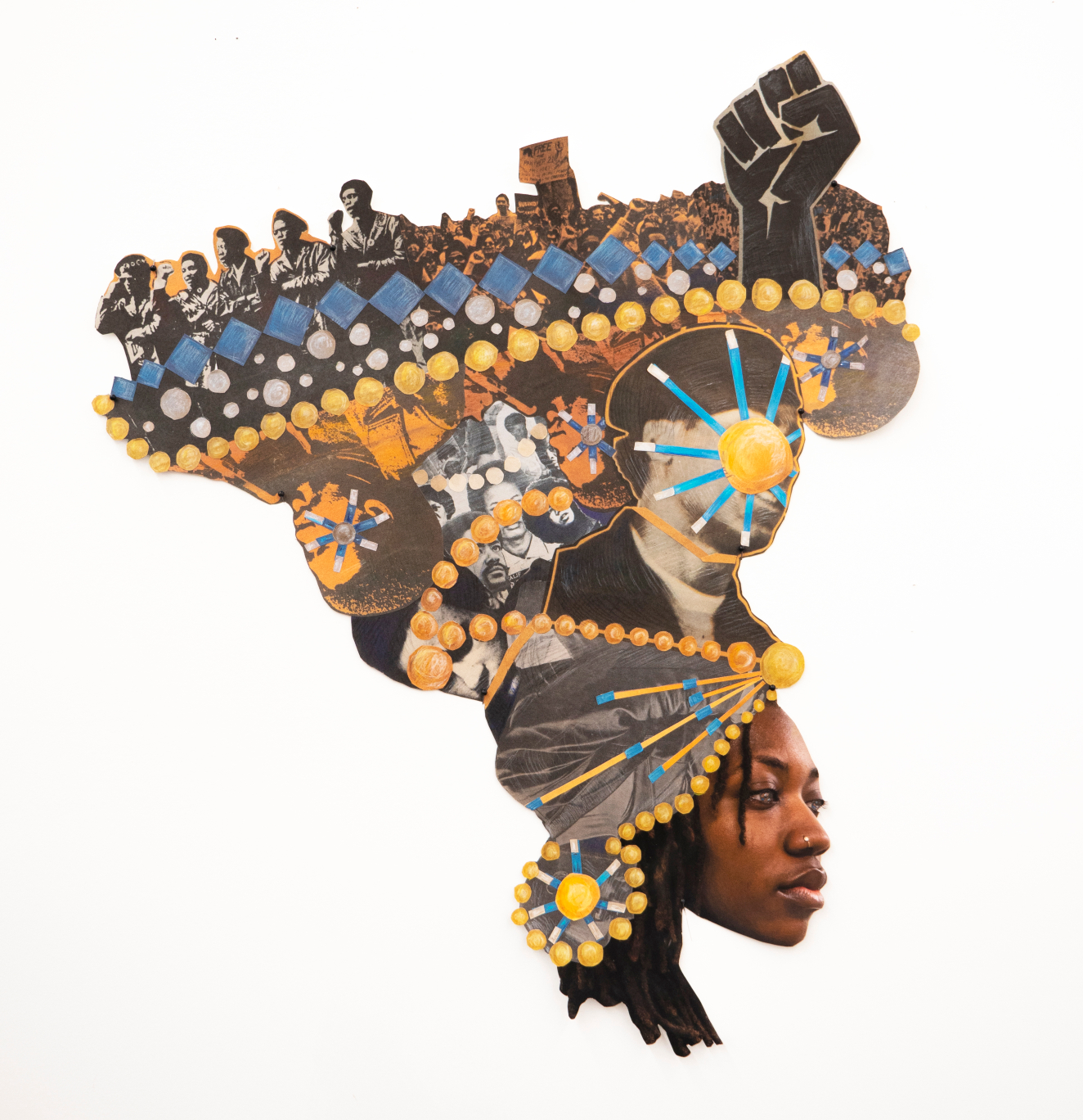 A collage of a Black woman in a headdress composed of cutouts of Black activists and protestors, overlaid by lines of orange, yellow, blue, and white dots and squares.
