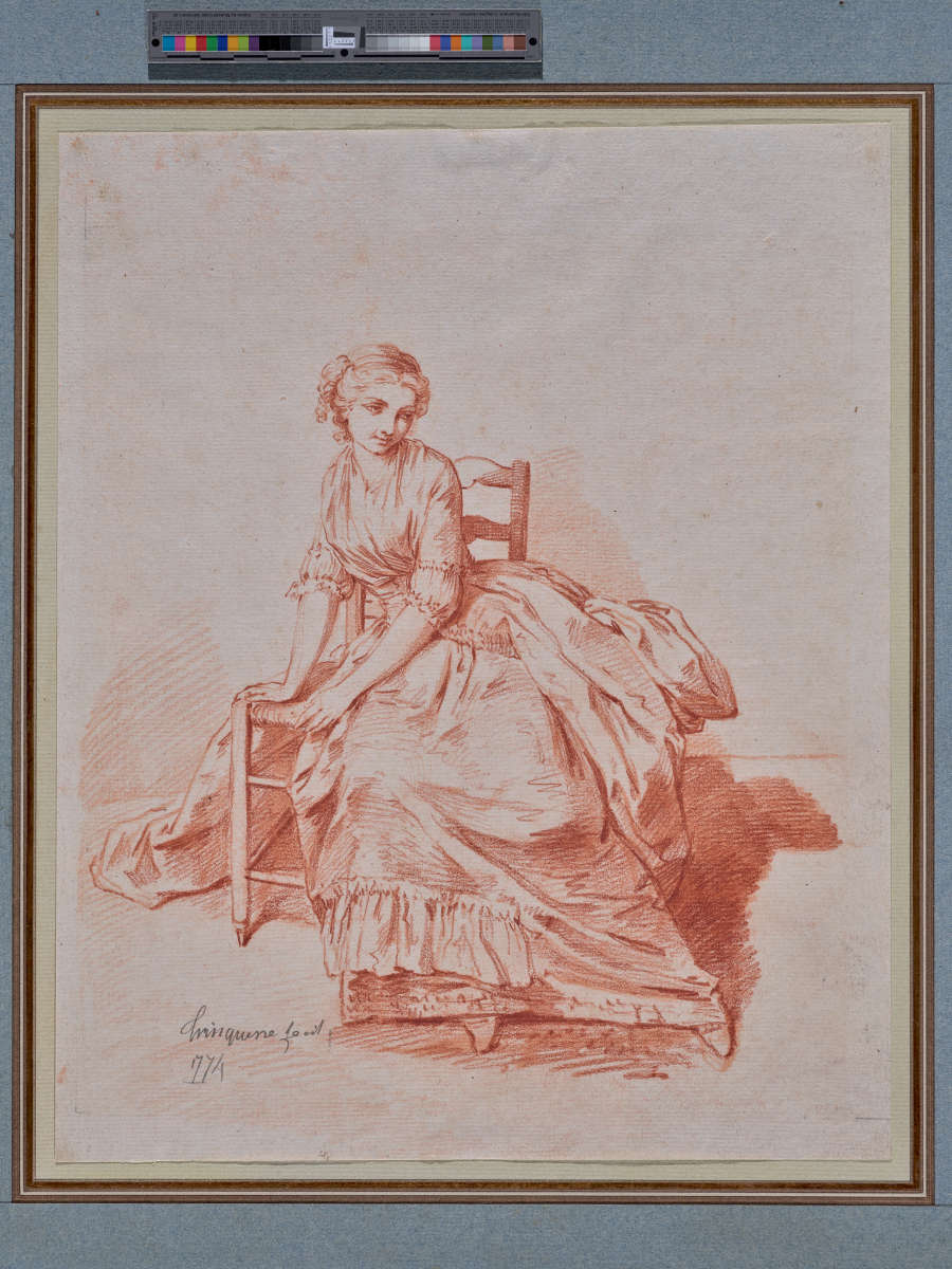 A red chalk drawing of a woman sitting on a cane and wood chair. She wears an 18th century gown and looks to the right side of the drawing, smiling.