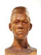Close-up front view of a textured, but glossy, wooden-carved bust depicting a male figure with afrocentric facial features. The base and neck is blurred, highlighting the details in the face.