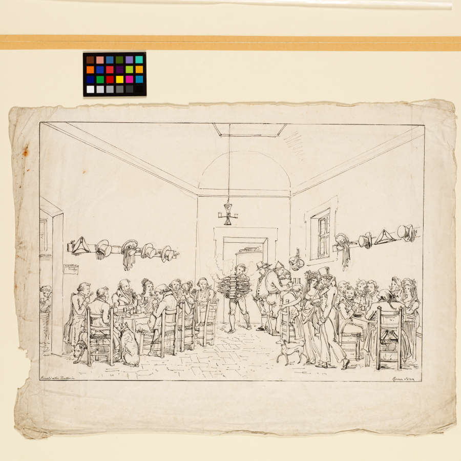A pen and ink drawing inside an Italian restaurant. Two long tables filled with patrons recede towards the back door through which a waiter arrives with a heavy tray.