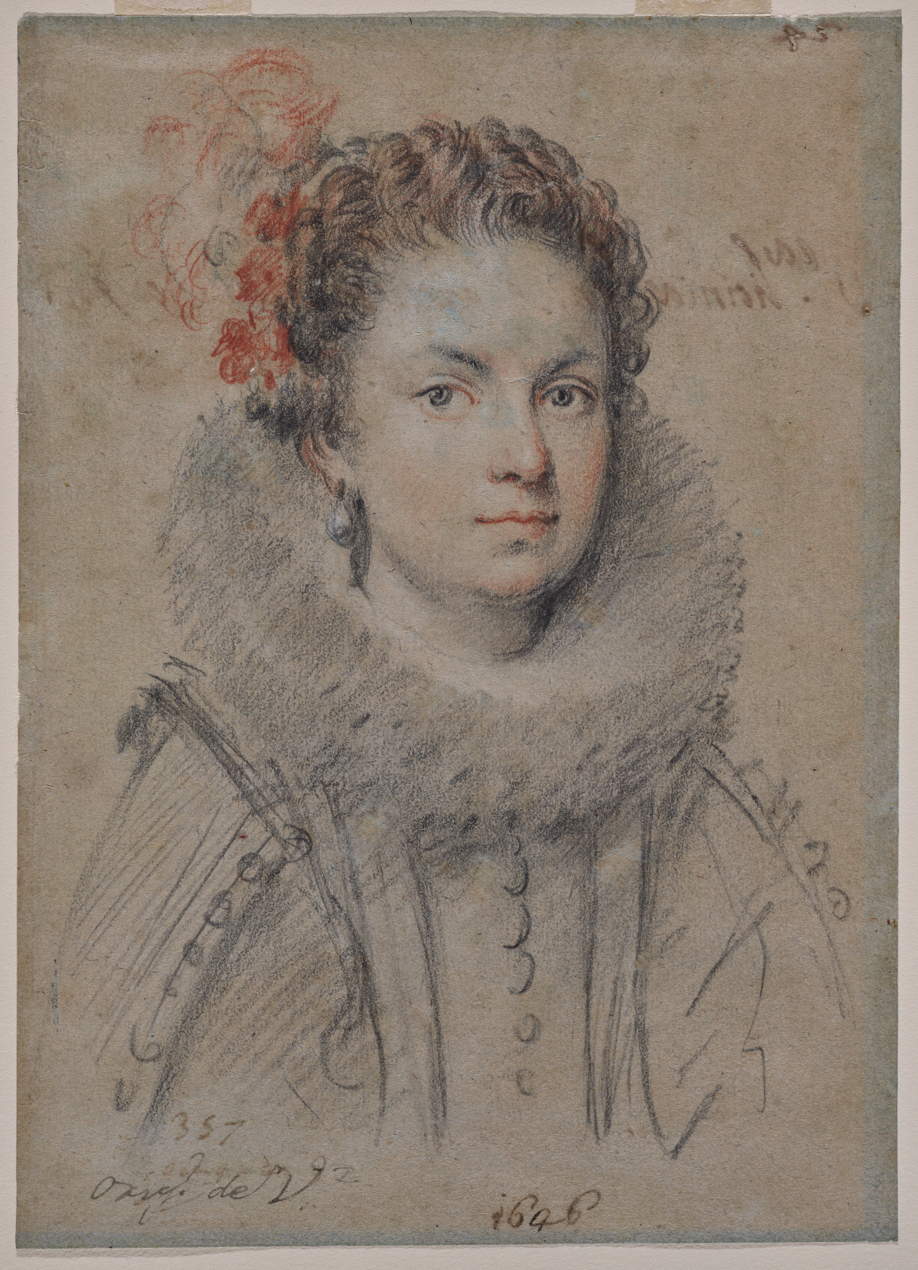 A black, red, and white chalk portrait of an aristocratic white woman gazing at the viewer. She has red flowers in her curly hair, a neck ruff, and pearl earrings.