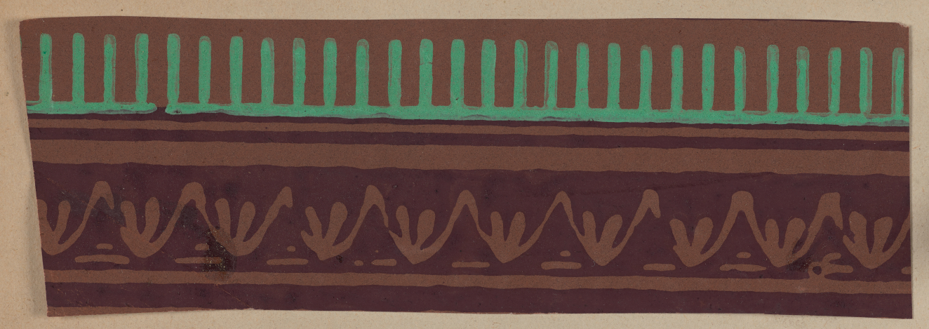 Brown horizontal design strip featuring vertical green stripes above a rhythmic pattern of leaf-like shapes set against a darker brown background.