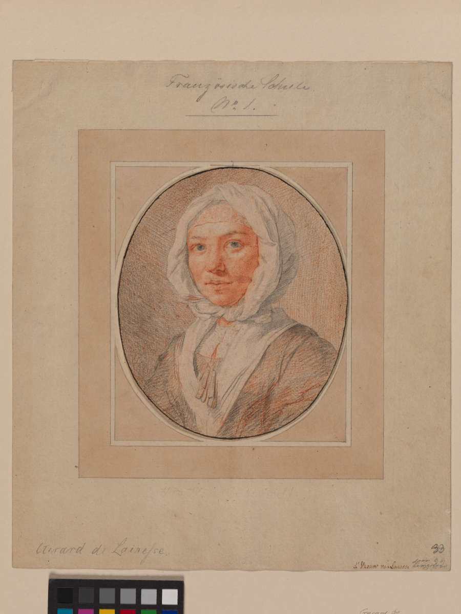 Red, white, and black chalk roundel-shaped portrait of a white woman with blue eyes wearing a white cloth head covering. She is in three-quarter view, looking directly at the viewer.