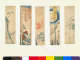 Five narrow prints showing nature scenes, flowers and text displayed side by side above a bright color test strip.