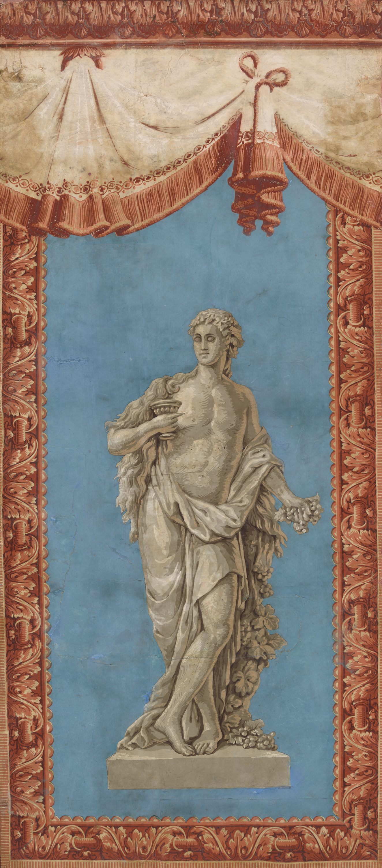 Sculptural figure draped in flowing robes holding a cup in one hand and a wheat bundle in the other. An elaborate terracotta border frames the figure and the blue background.