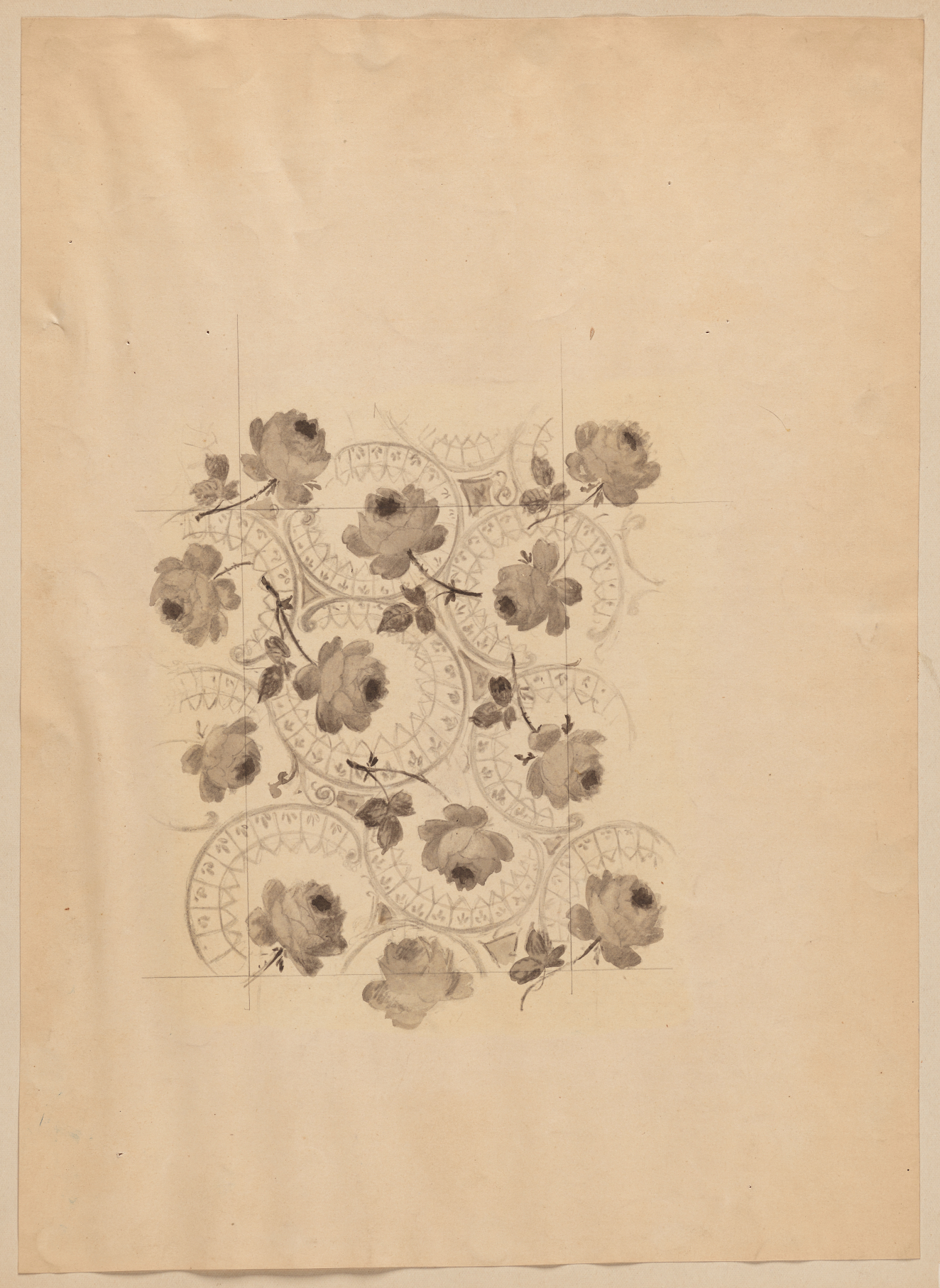 Monochromatic floral design featuring scattered black flowers and swirling vines with intricate lace sketches on aged paper.