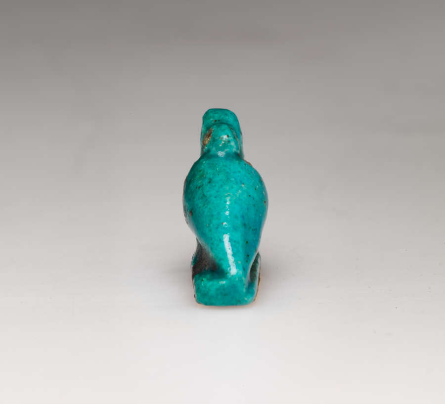 Back of a turquoise amulet, of a crouching pelican-like bird with a long beak pointed downwards, head tucked into its neck, where there is a small loop.