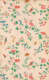 Cream wallpaper with multicolored birds sitting atop thin, winding brown branches which have leaves and various colored flowers on them. Butterflies, with outstretched wings, fly around the branches.