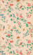 Cream wallpaper with multicolored birds sitting atop thin, winding brown branches which have leaves and various colored flowers on them. Butterflies, with outstretched wings, fly around the branches.