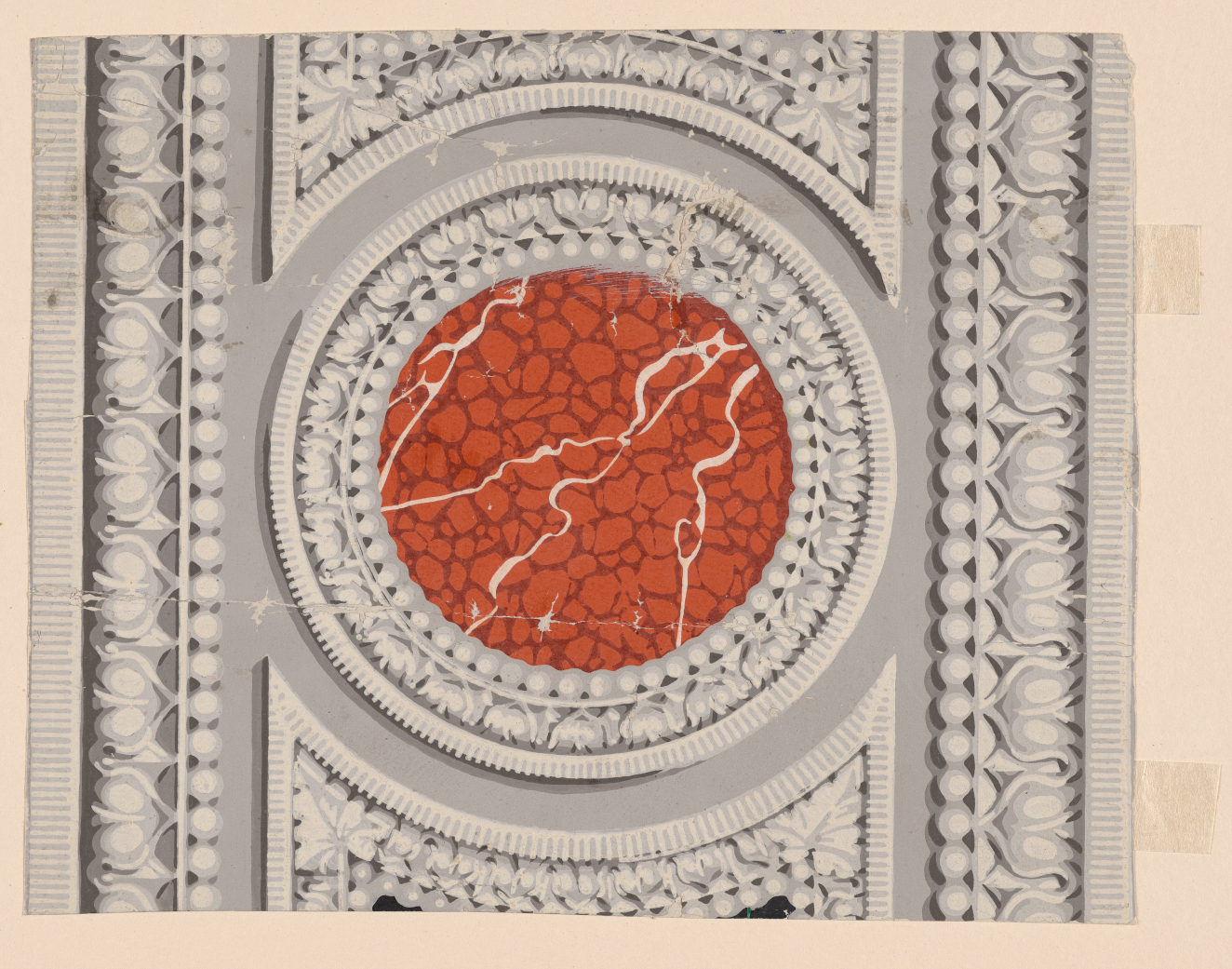 Ornamental design with bright red center resembling cracked stone framed by silver floral patterns. Horizontally bordered with repeating circle and floral patterns.