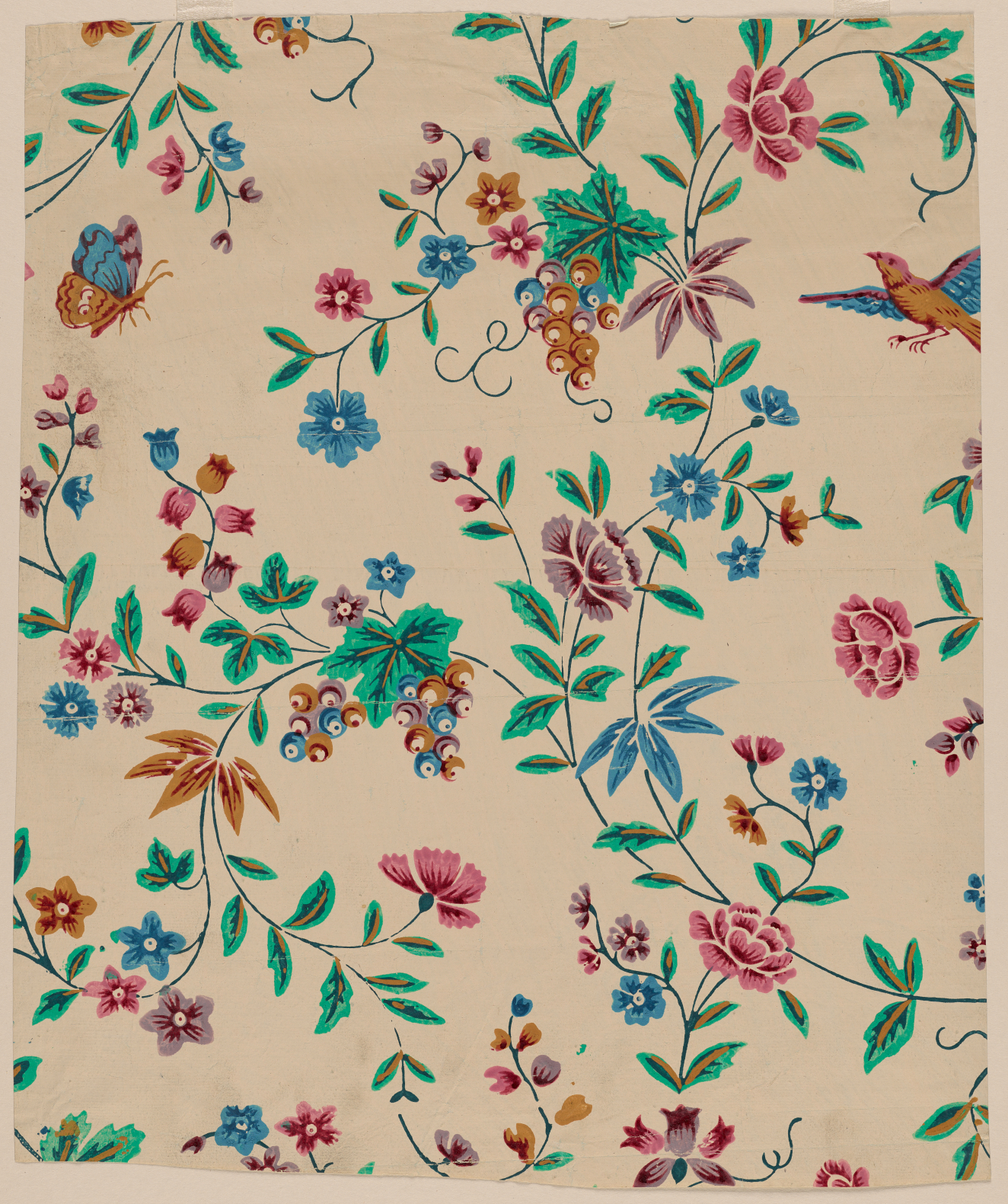 Botanical pattern with curling, pink, blue, and purple flowers with green leaves. An orange and blue butterfly on the left and a small bird in similar coloring on the right.