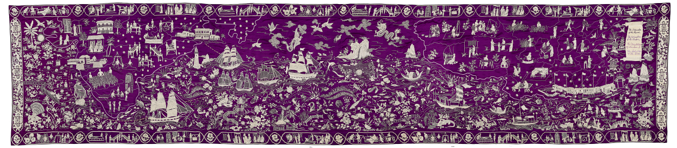 Long purple and white textile depicting many scenes along a trade route, such as sailing ships, laborers and scenes of leisure.