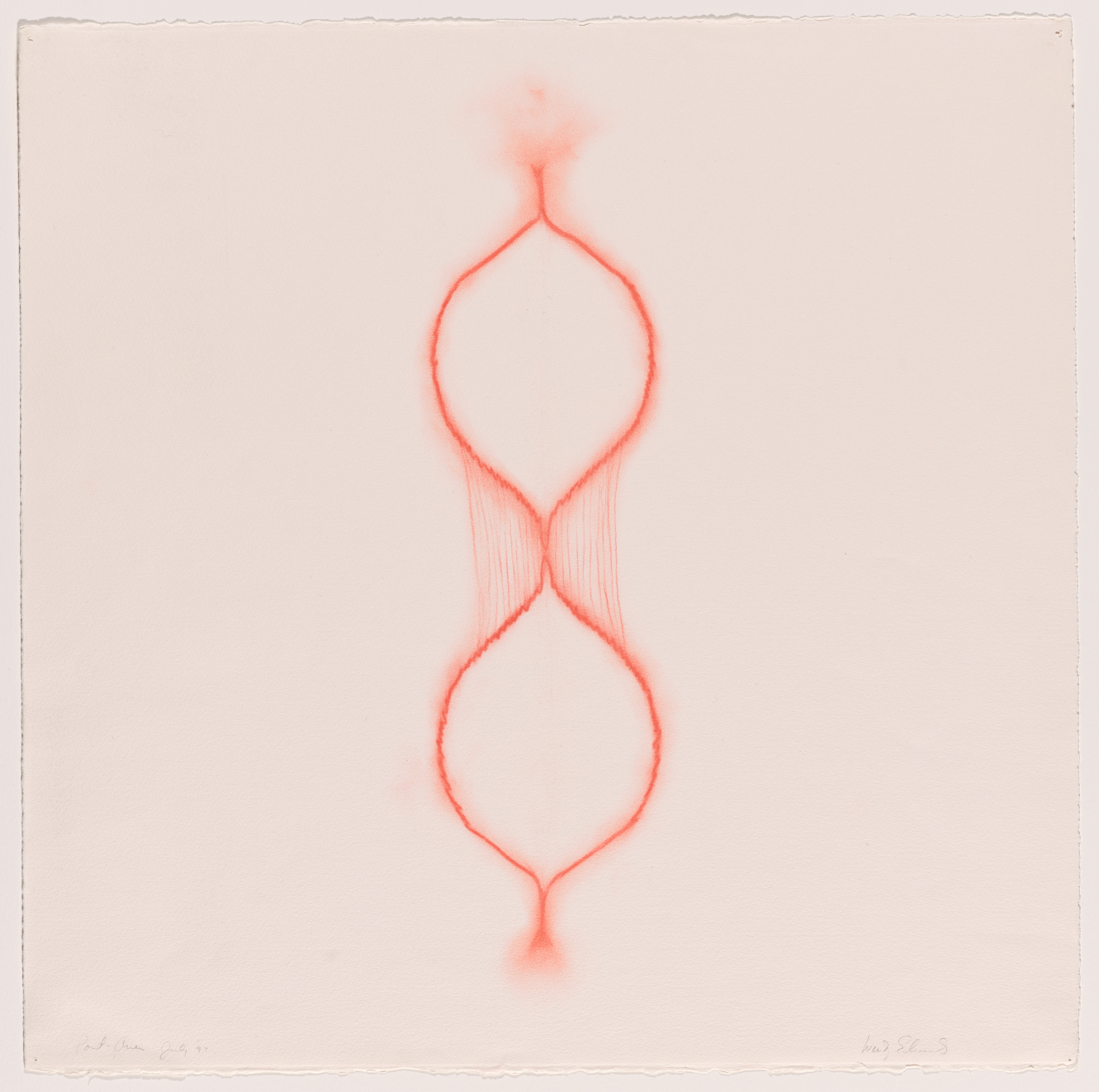 An orange pastel drawing of two conjoined almond-shaped forms. Between the two shapes, soft vertical lines further connect the two shapes where they meet, creating an atmospheric effect.