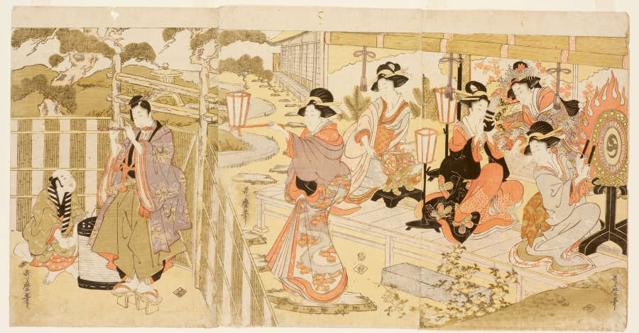 A three-part woodblock print in muted tones. Lavishly dressed women play music in a room opening onto a garden. A young man plays the flute outside the garden fence.