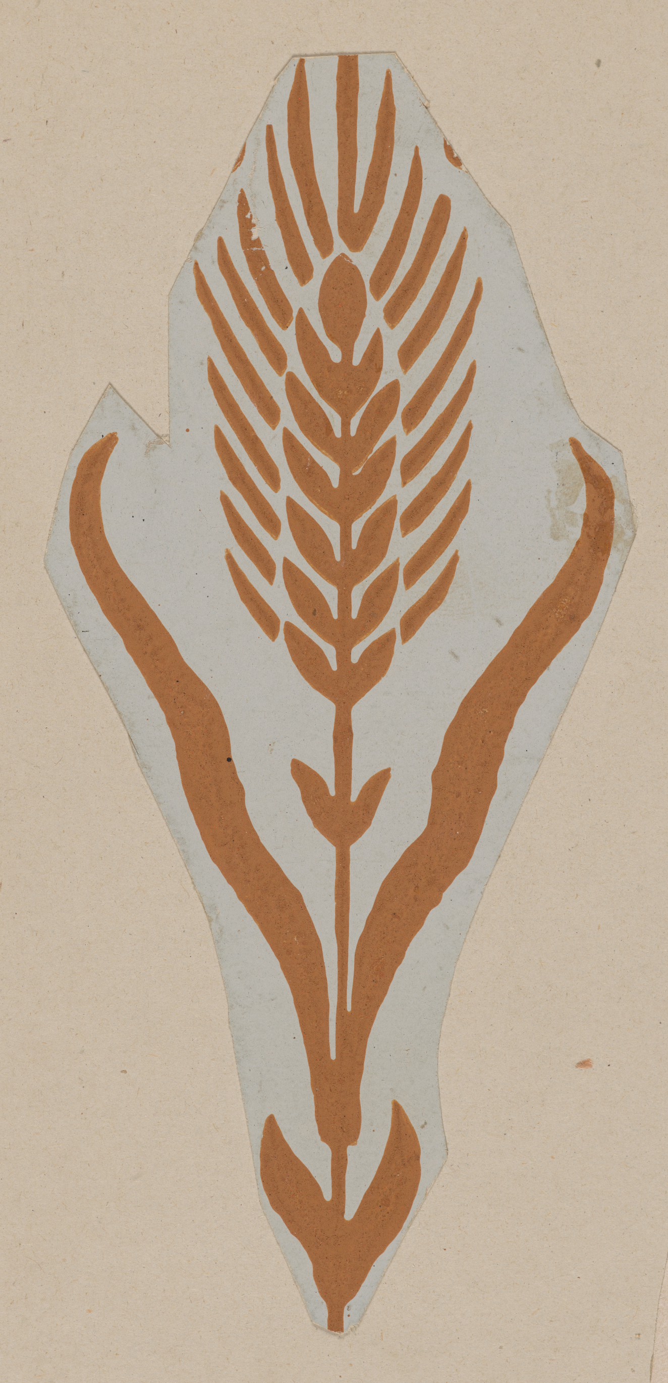 Decorative motif featuring a stylized wheat design with a large head and flowing, elongated leaves on a slim stalk in brown tones on a neutral background.
