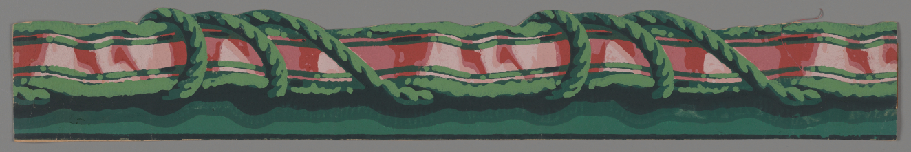 Border depicting a ruffled pink and green ribbon wrapped with a green rope against a gray background and dark green base.