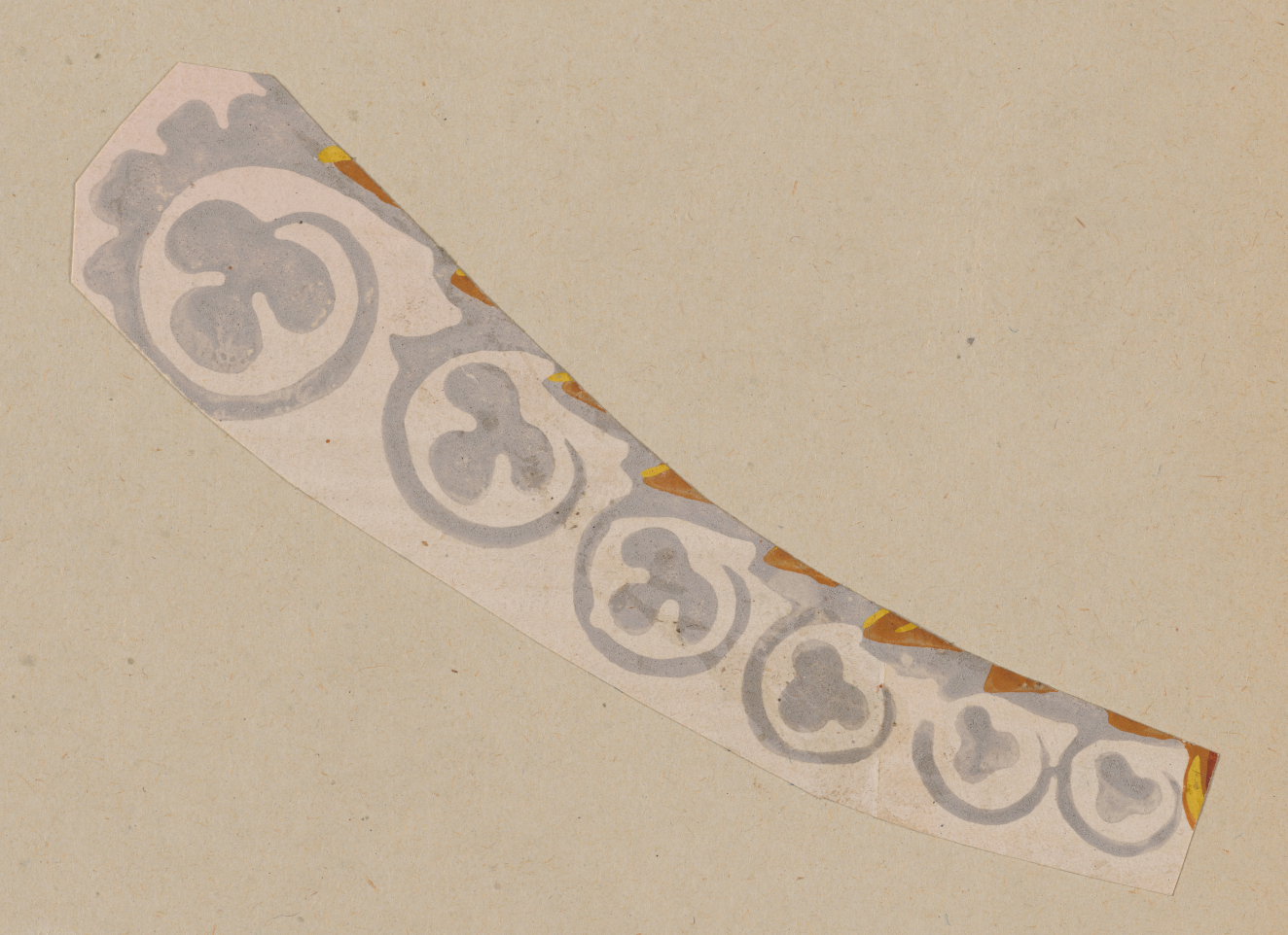 Arched decorative motif on a neutral backdrop depicting silver rounded leaves in a three-petal shape inside circular curving vines shrinking from left to right with triangular gold edging.