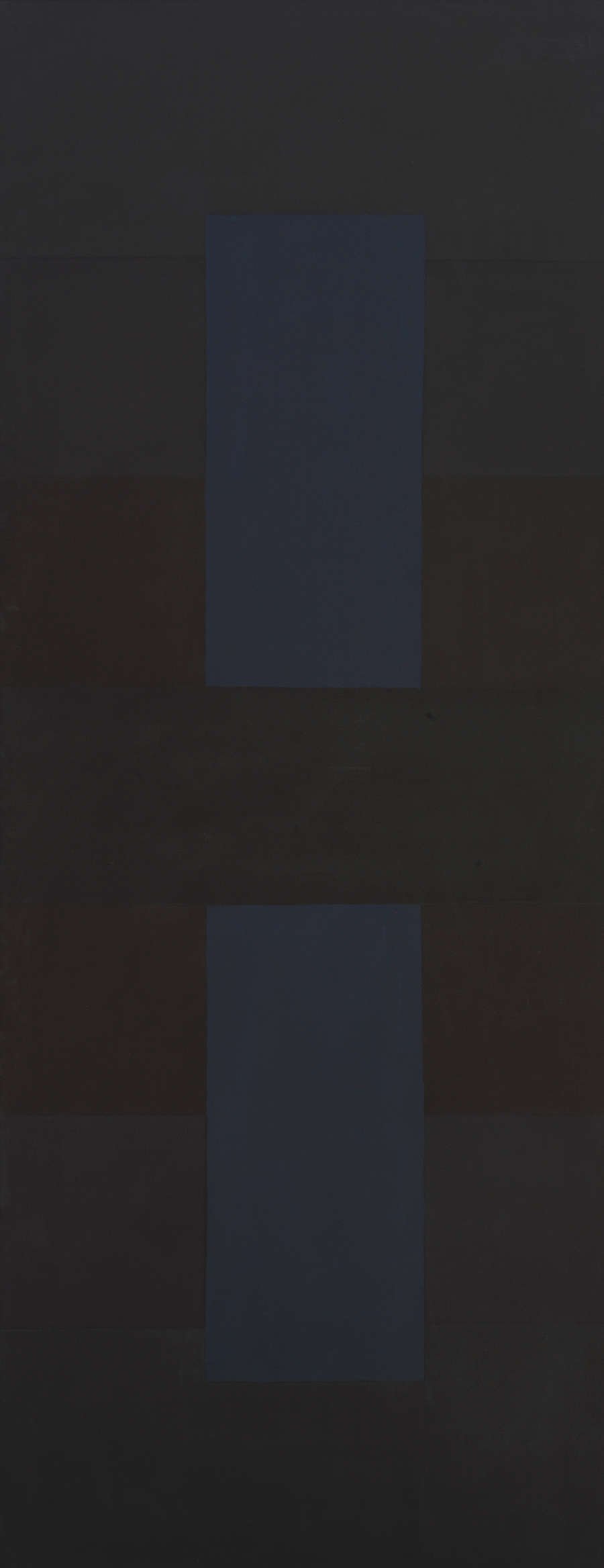  A dark blue rectangular shape is intersected horizontally at the center by a black rectangular shape.  It is also bordered on the sides by alternating dark gray and maroon squares and on the top and bottom by broad light-black u-shaped rectangular forms.