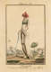 Aged illustration of a figure in a long white gown and red headscarf, walking a leaping dog in a landscape.