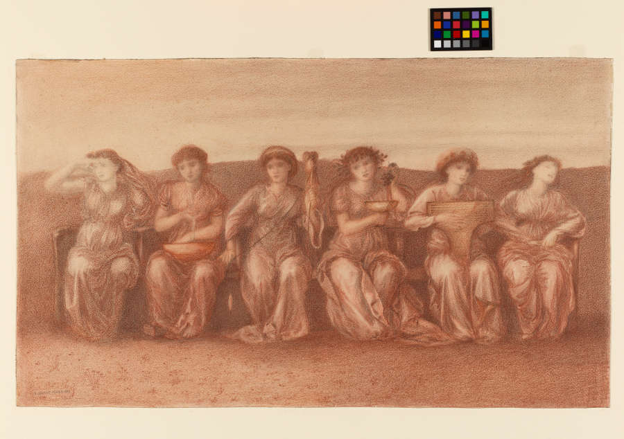 A red crayon and graphite drawing of six seated women. Each performs an action to mark the time of day: awaken, wash, weave, wine, play the lyre, and sleep.