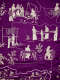 Detail of a purple and white embroidered textile depicting scenes of people doing various activities.