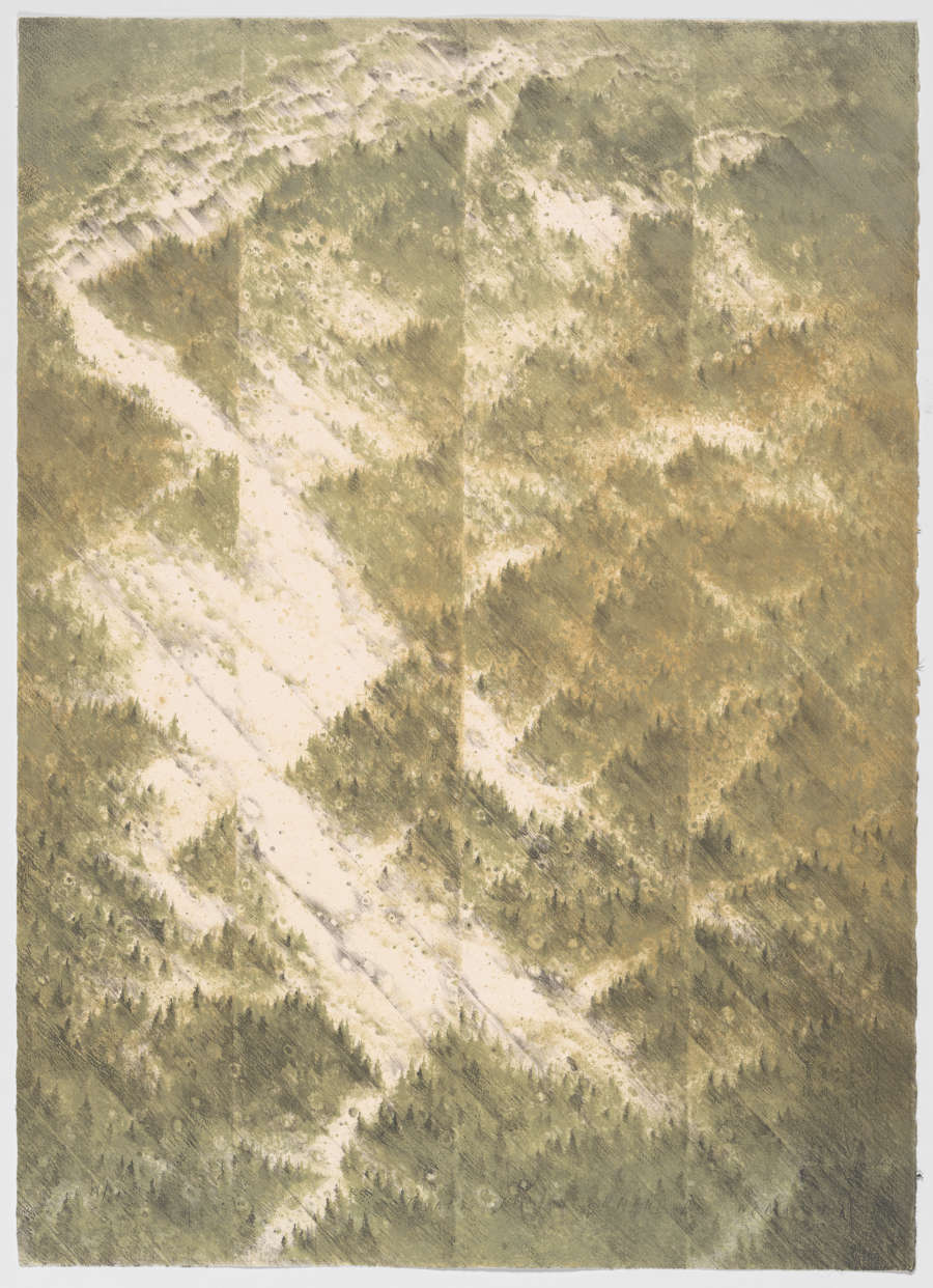 Abstracted mountain landscape in an earthy green, and a crisscrossed lighting effect over dense trees.