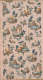 Tall panel of vintage wallpaper featuring a diagonal pattern of bucolic pastoral and architectural scenes amidst lush blue florals on a pale pink background.