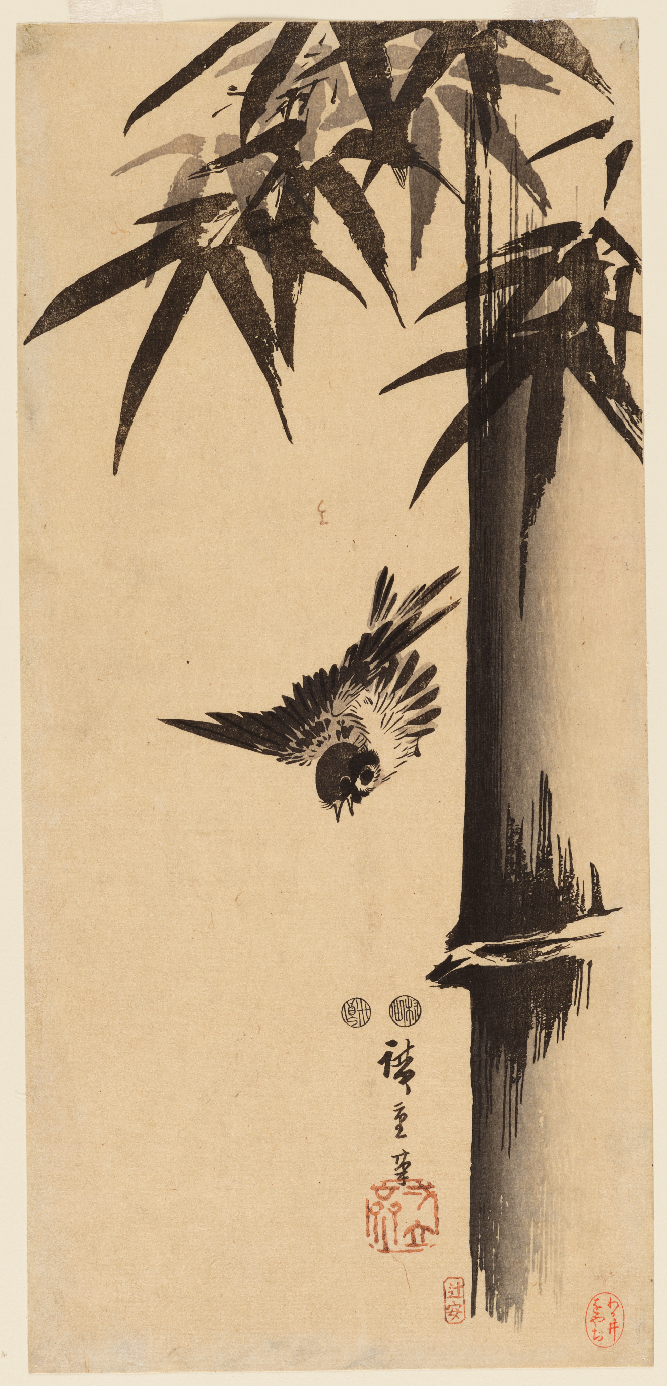 A black ink painting depicting a bird flying down a tall, leafy bamboo stalk, with vertical calligraphy along the edge.