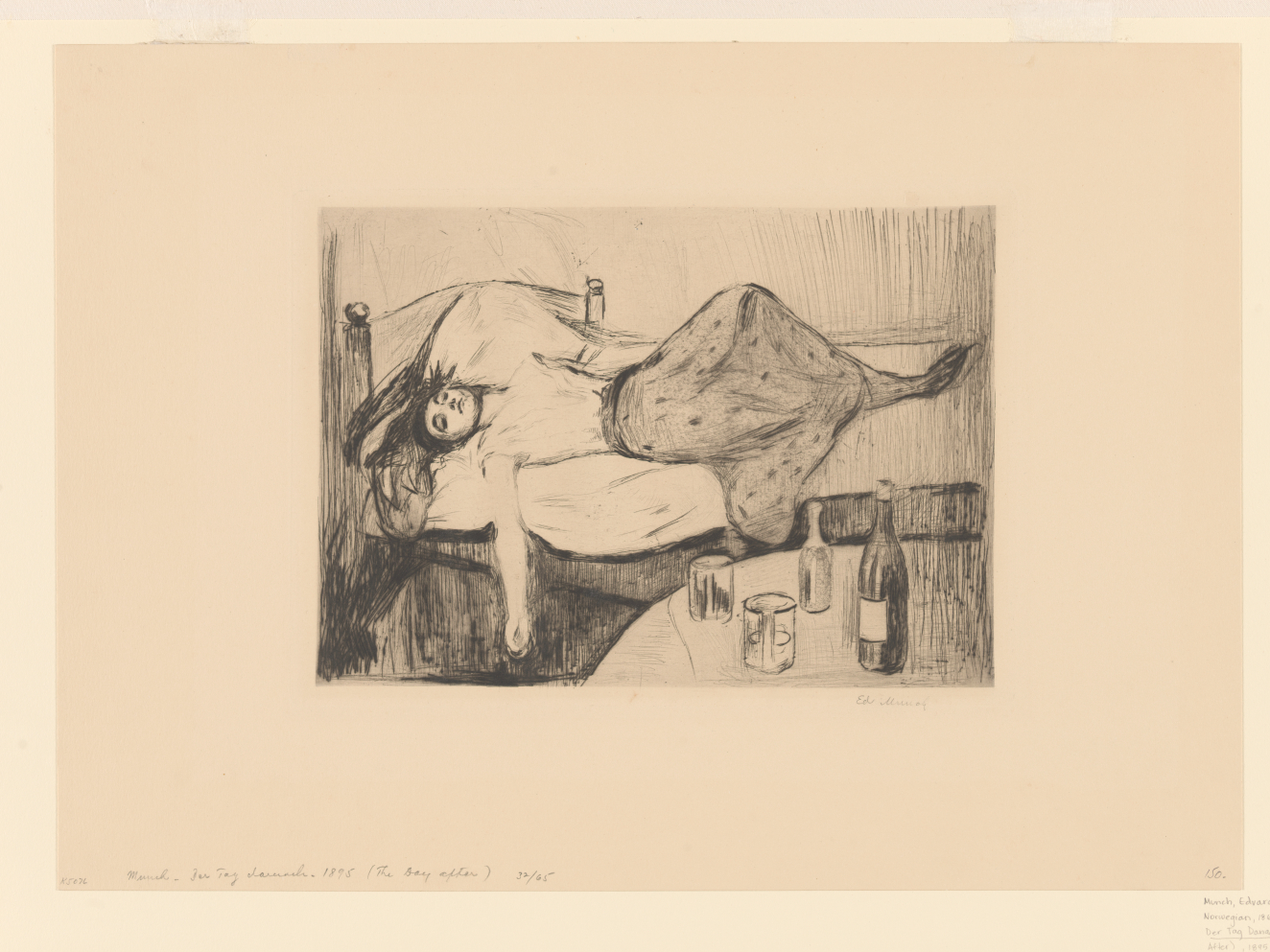 Etching depicting a figure laying on a bed, one arm flung out over the edge and wearing a patterned skirt. Nearby a wine bottle and glasses sit in the foreground.