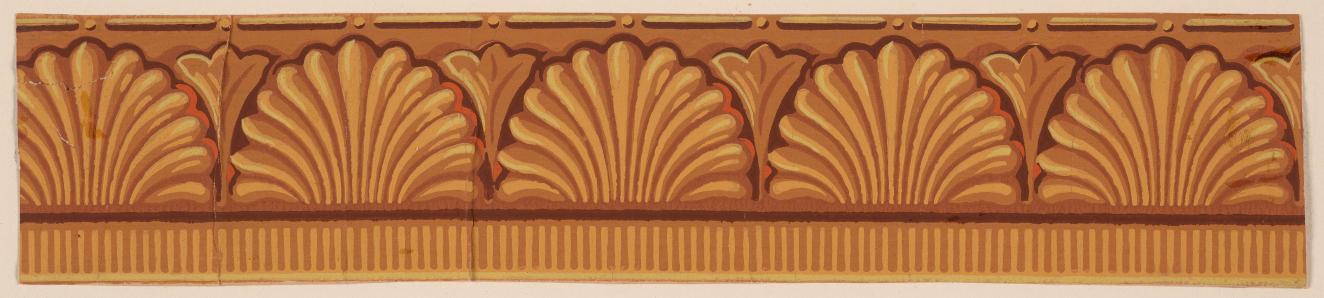 A border with a dark yellow and brown border with a wide section of interlocking fan-shaped shells and triangular leaf shapes on top of a thinner base of vertical stripes.