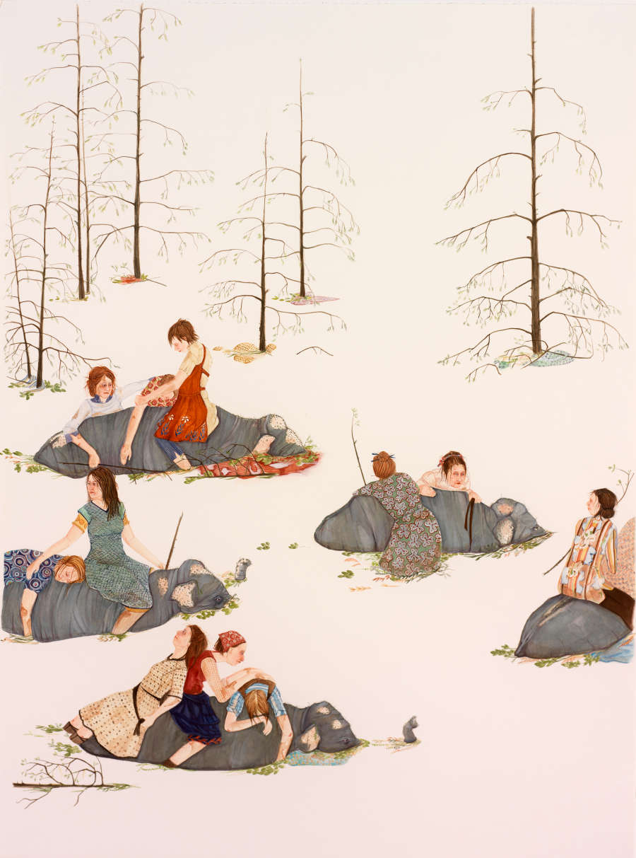 Light-skinned women in colorful garments sit and lie on elephants partially submerged in water. The water is not painted; it is just the tone of the off-white paper itself.