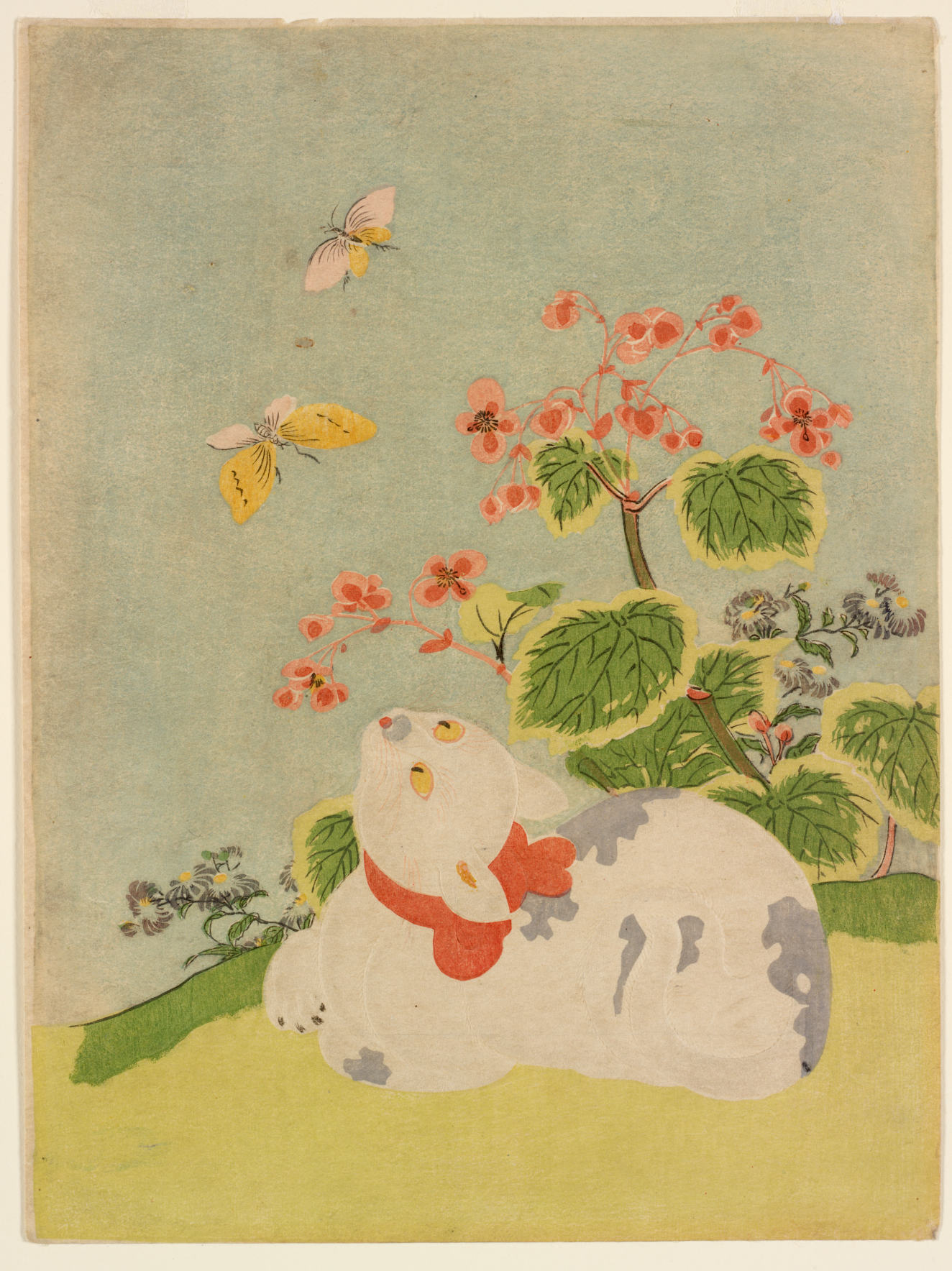 A serene composition featuring a resting dog with a red bow, looking up on a grassy hill, watching delicate yellow butterflies against a soft blue sky.