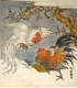 Two roosters, one white and one brown, clashing with each other in the snow beneath an arching peach blossom branch, set against a soft blue-gray background.