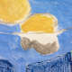 An expressive painting with broad strokes of blue, yellow, and gray. Two yellow shapes form lemons, while the gray defines the shape of a platter.