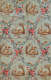 Segment of vintage wallpaper featuring a pattern of repeating brown illustrations of wildlife in nature, surrounded by vibrant, decorative floral chains and foliage motifs; set on a faded blue background.