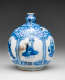A bulbous white and blue vessel with a small neck and a hole on the side. There is a repeating window shape with different figures inside the vignet.